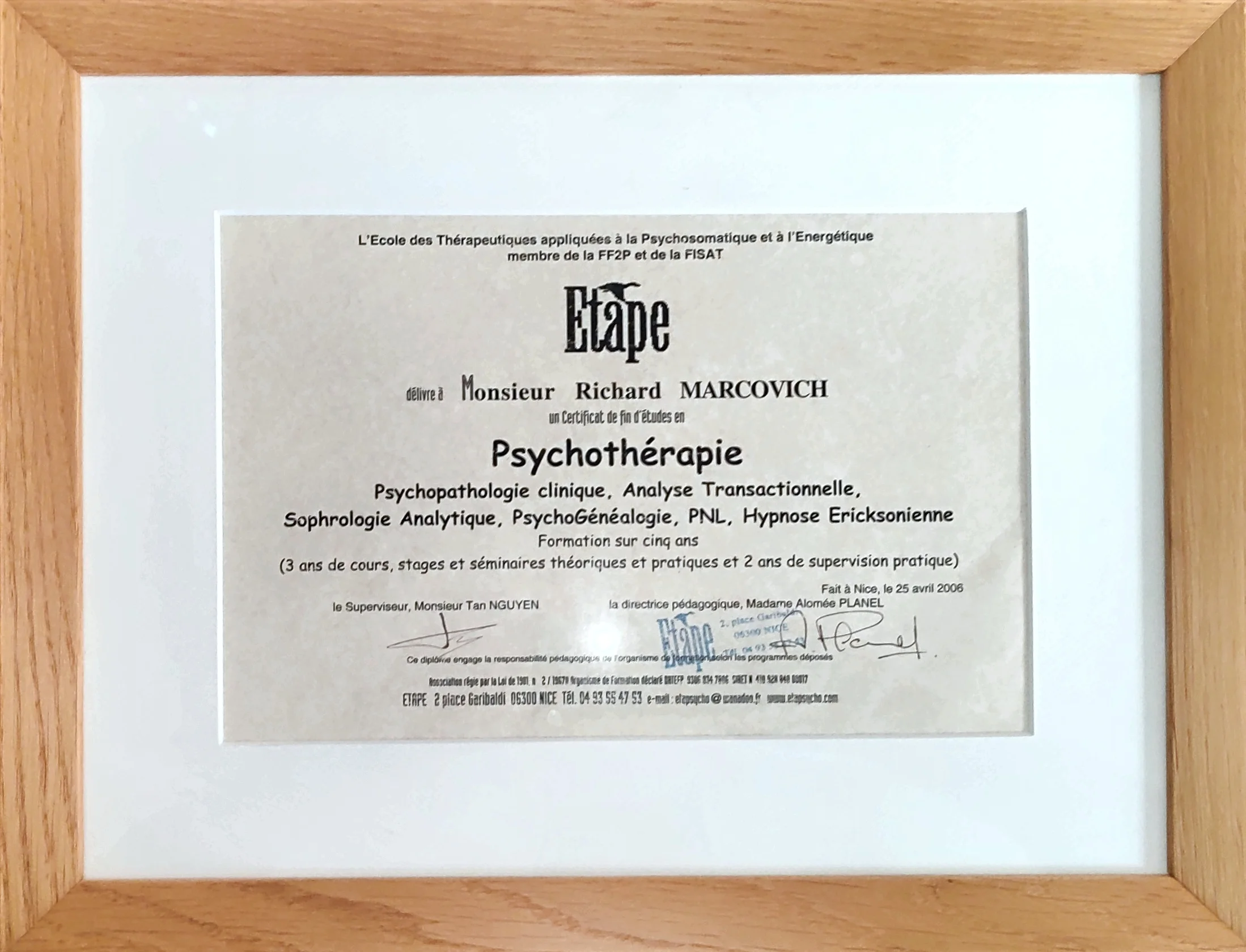 diplome Psychothérapie Richard Marcovich